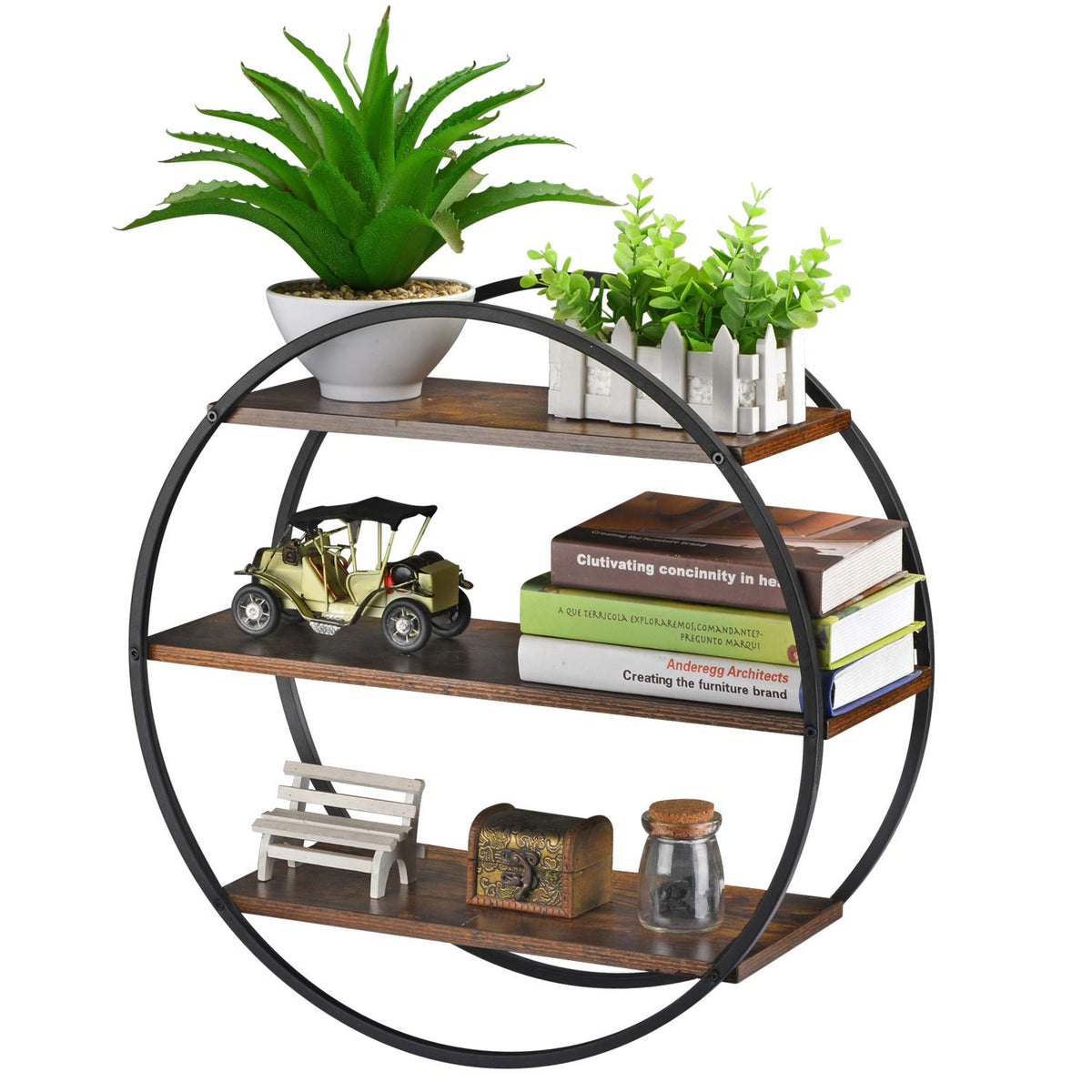 BCOZLUX floating shelves with a three-tier circle metal-wood frame for stylish display.