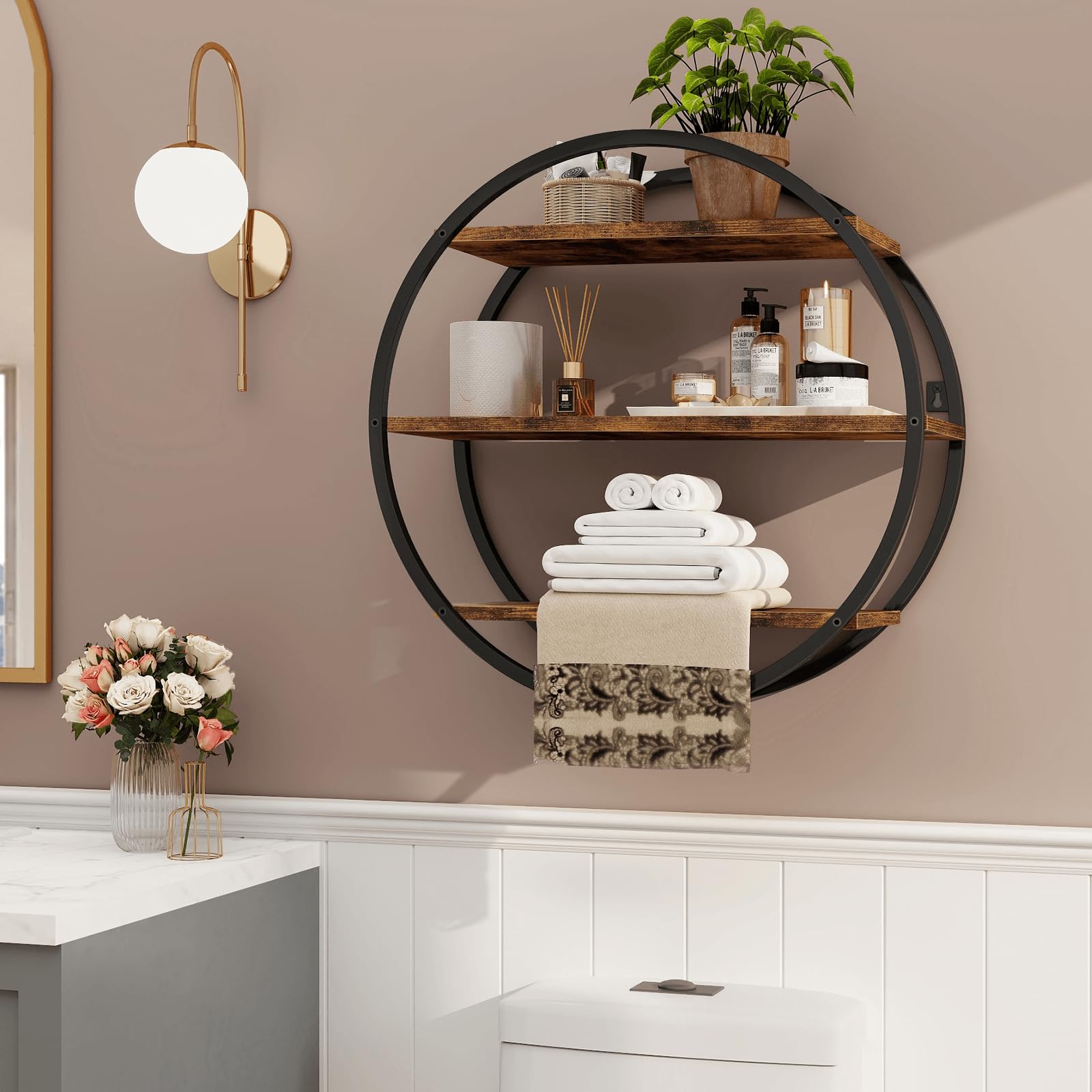 BCOZLUX rustic brown circle wall shelf for books and décor.
