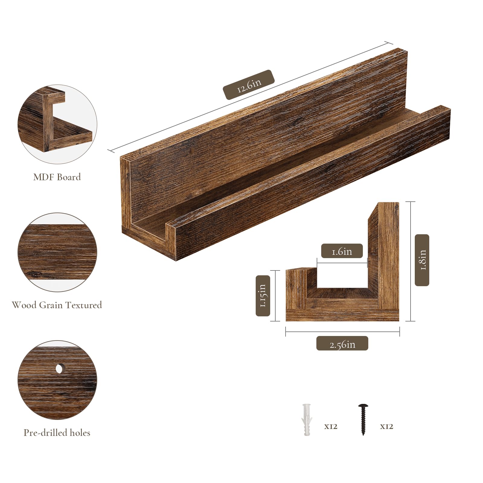 BCOZLUX front lip keeps items secure on wall-mounted shelves