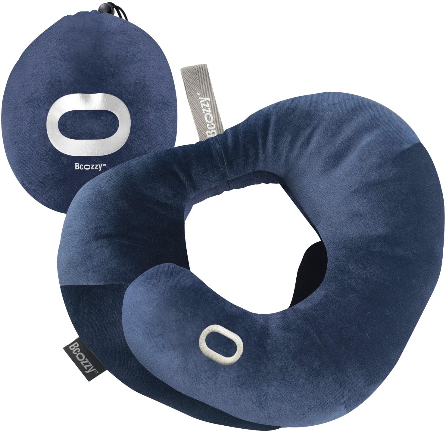 BCOZZY flat-back travel pillow navy front view showing comfortable head support