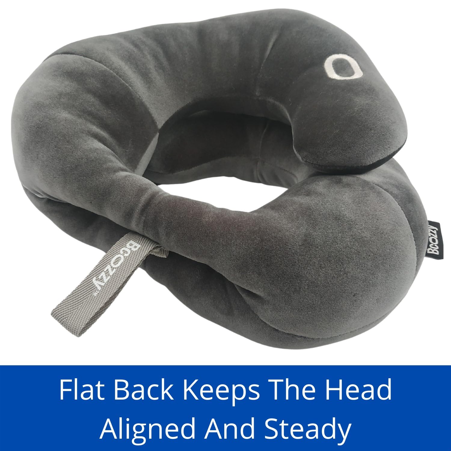 BCOZZY flat-back travel pillow navy side view illustrating neck stabilization