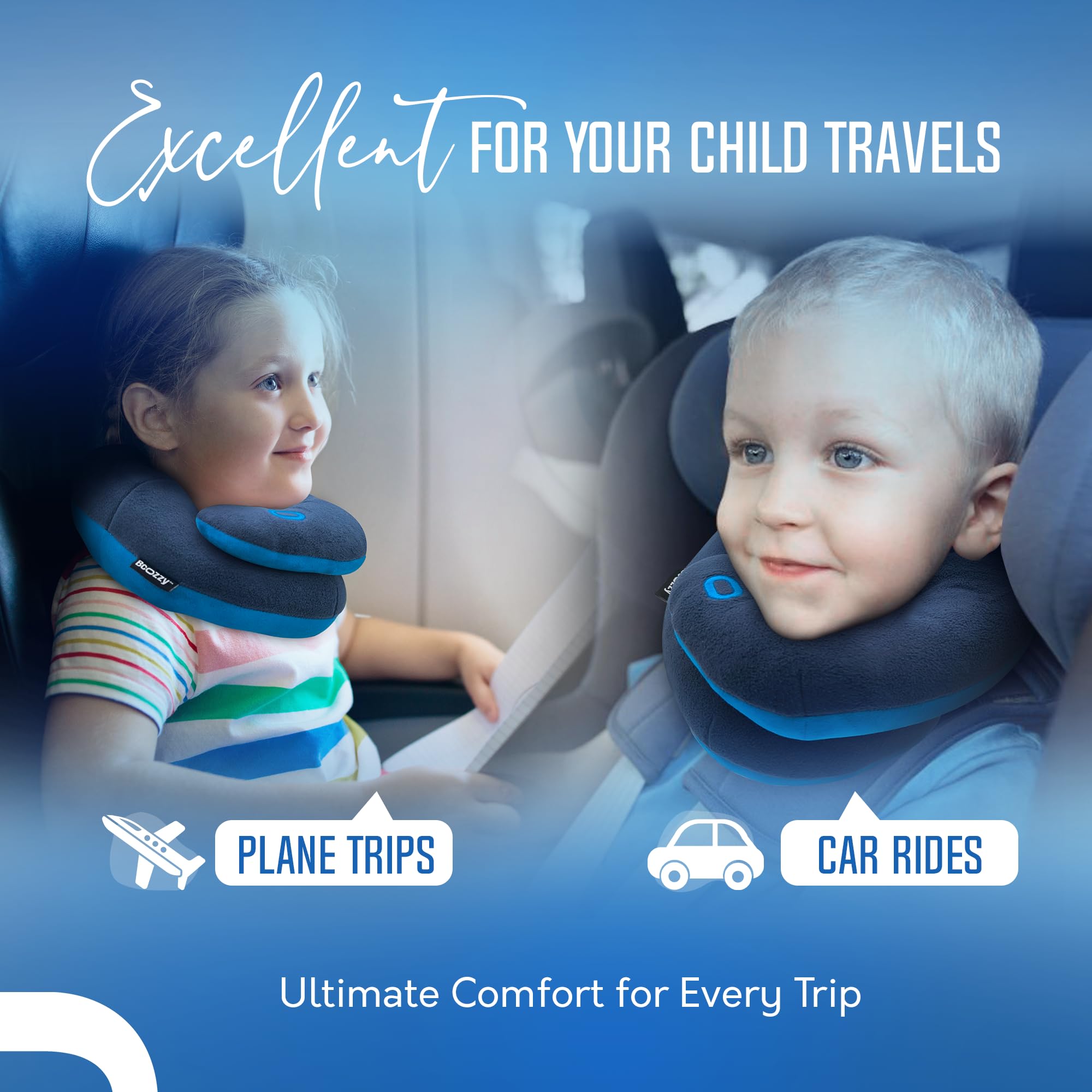 BCOZZY Kids Travel Neck Pillow medium navy back view highlights compact shape