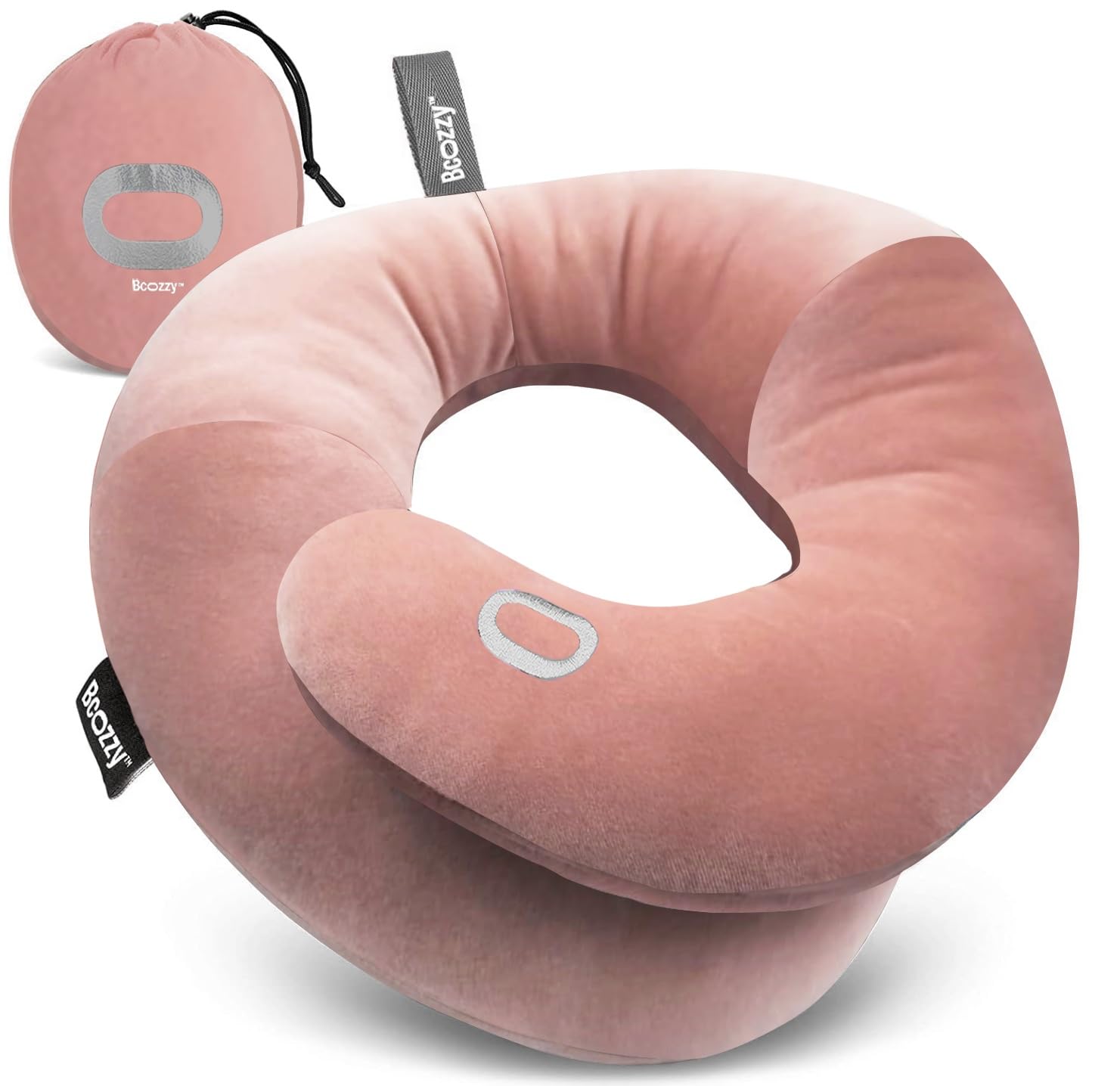 BCOZZY travel neck pillow with flat-back design supporting head and neck for comfortable travel