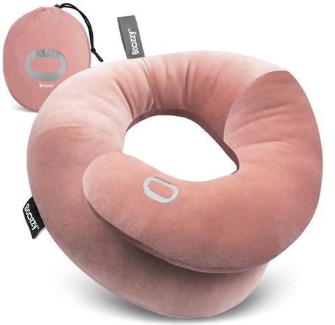 BCOZZY travel neck pillow with flat-back design supporting head and neck for comfortable travel