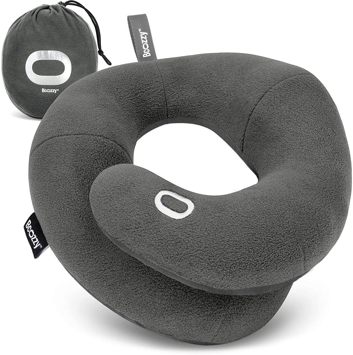BCOZZY travel neck pillow gray front view shows chin-rest design for secure comfort