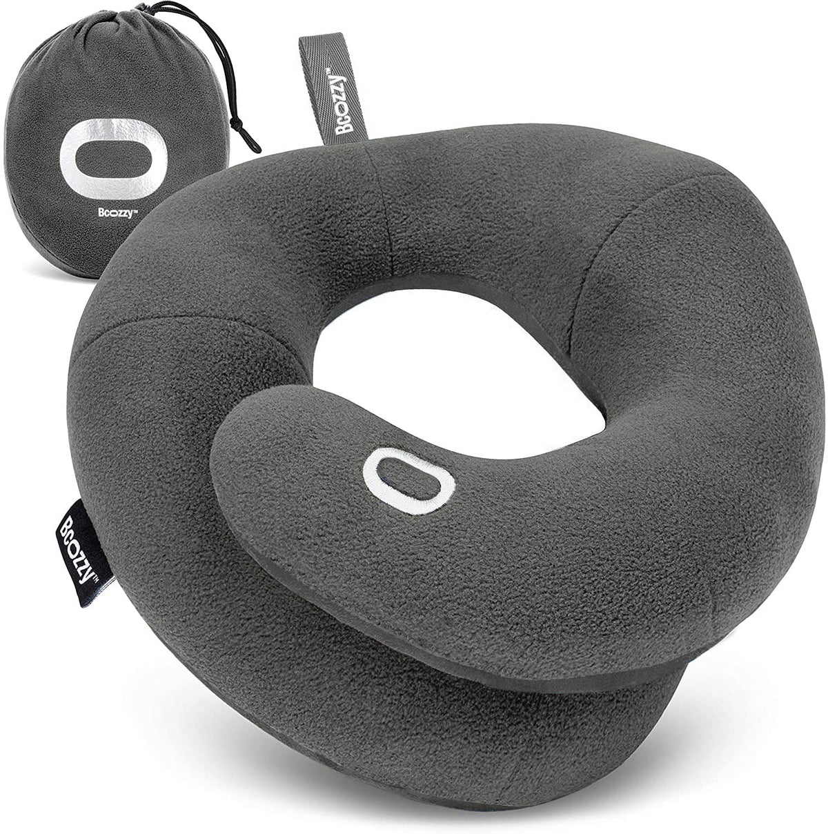 BCOZZY travel neck pillow gray front view shows chin-rest design for secure comfort