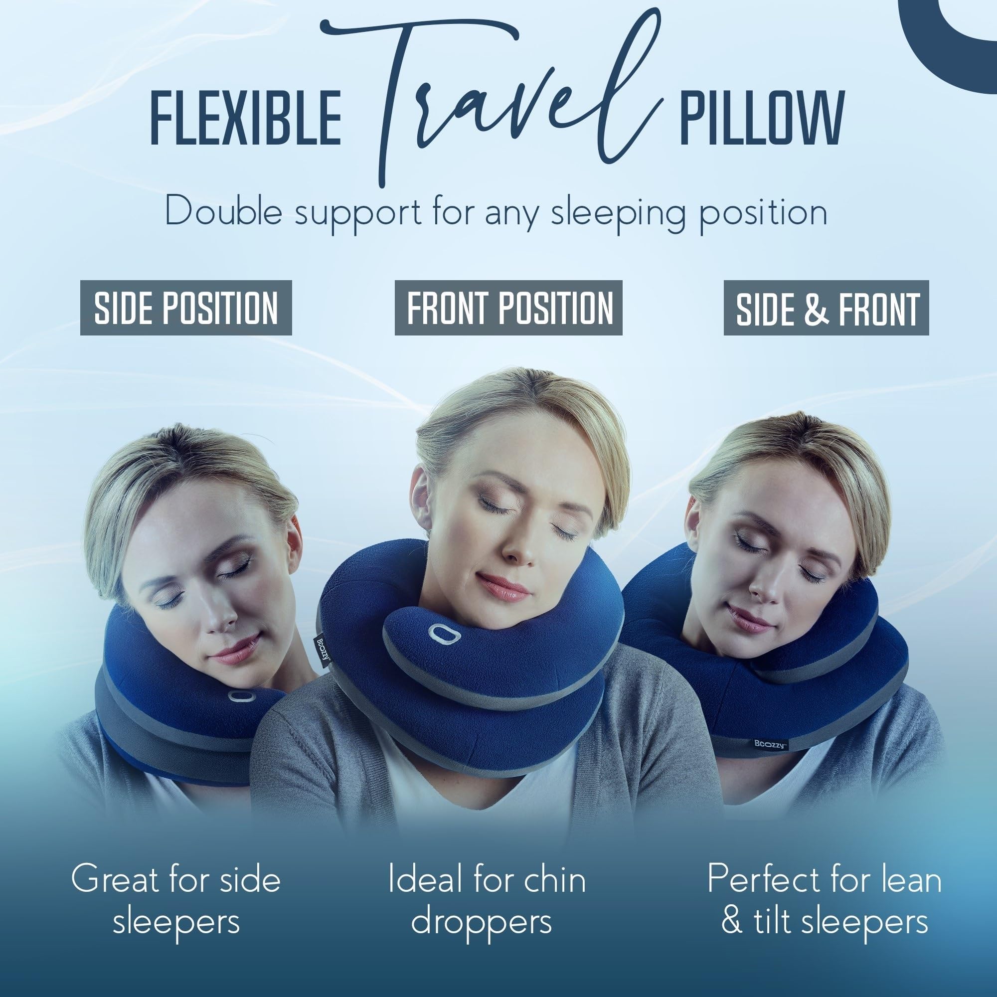 BCOZZY Travel Neck Pillow large navy for side sleep between shoulder and head