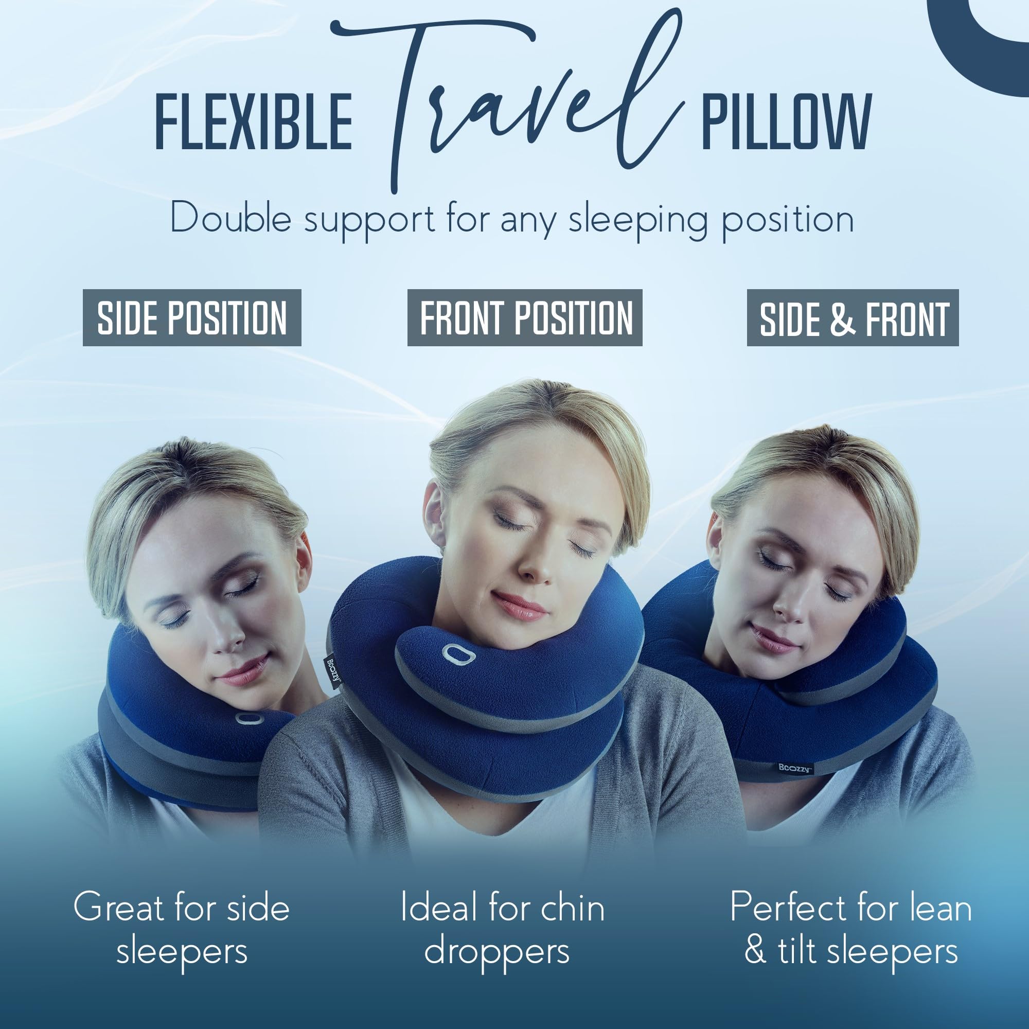 BCOZZY Travel Neck Pillow side view shows side-sleeper comfort on planes and road trips
