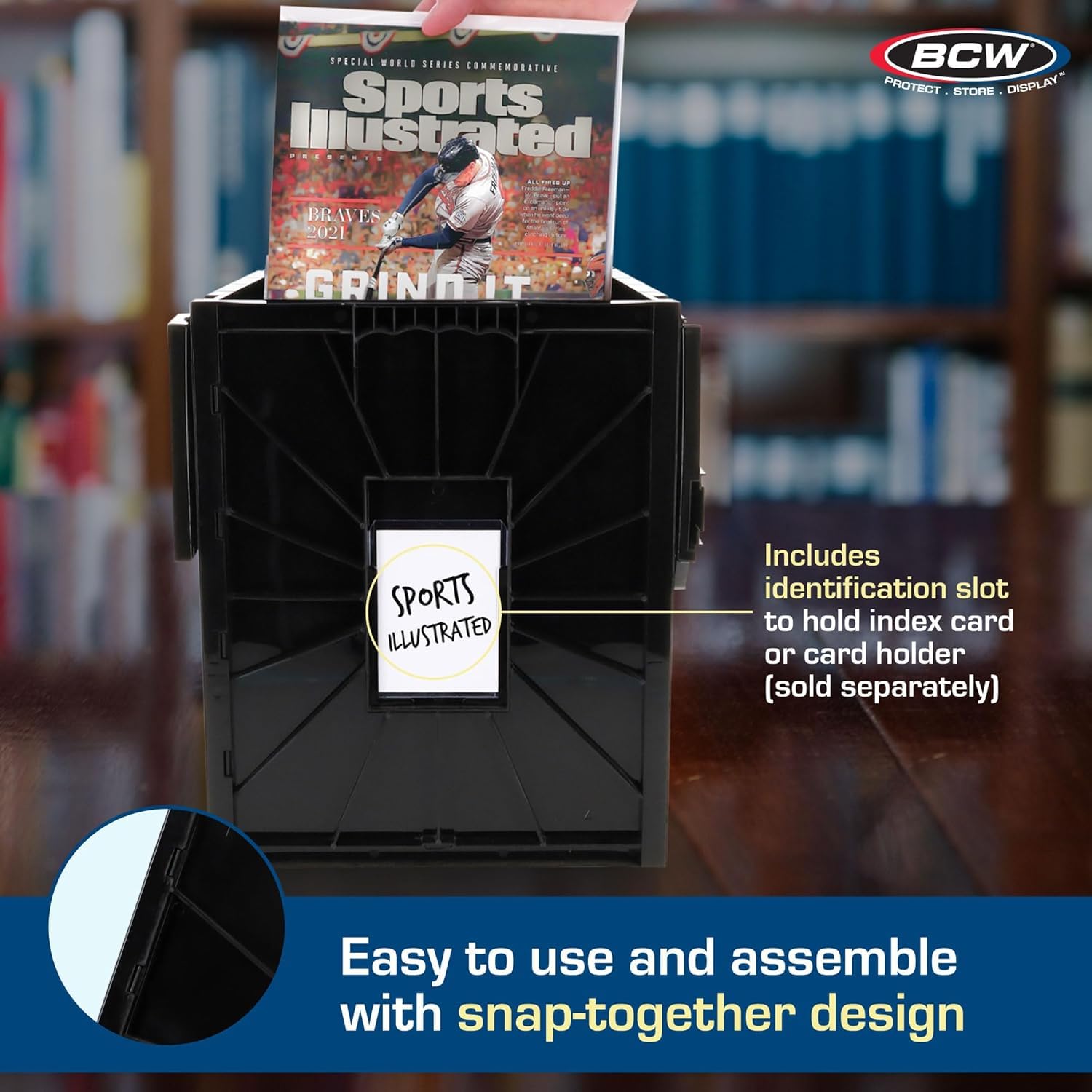 BCW Magazine Bin sliding lid in action with secure locks.