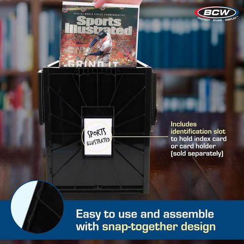 BCW Magazine Bin sliding lid in action with secure locks.