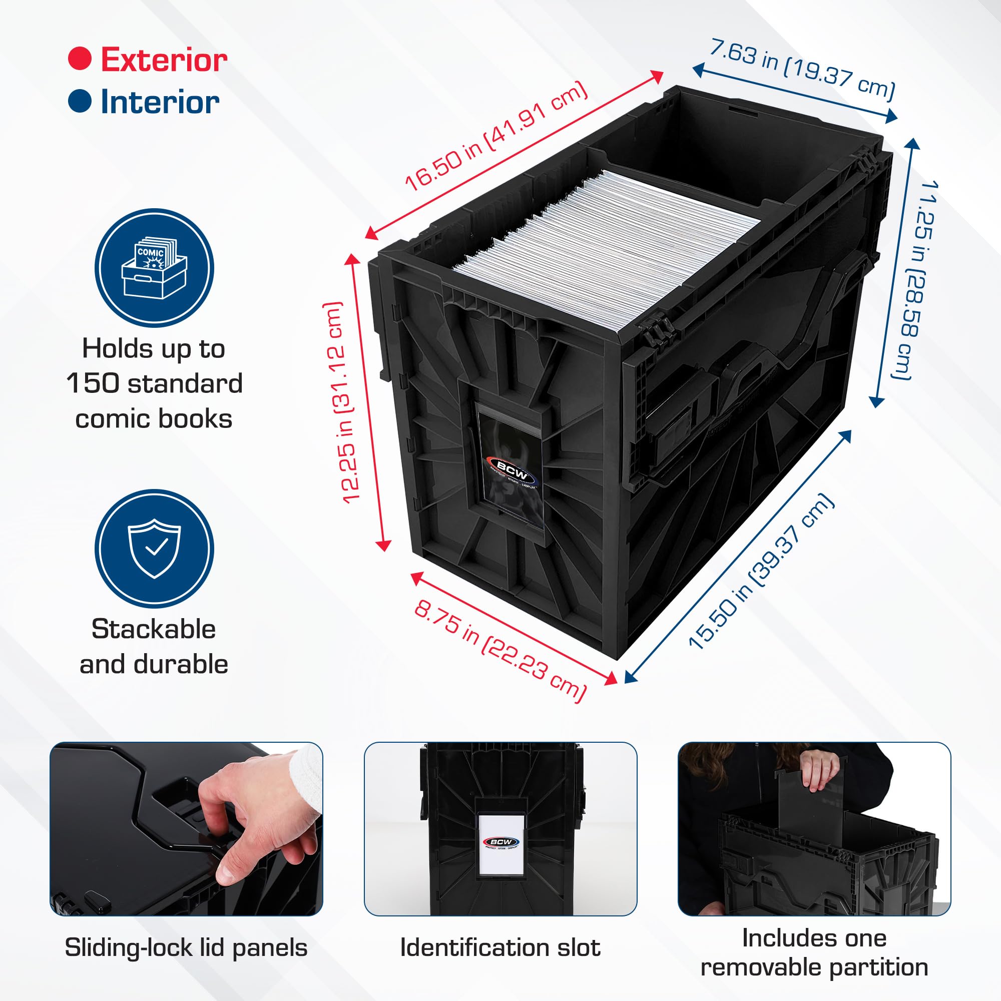 BCW Short Comic Bin in black durable acid-free plastic on shelves