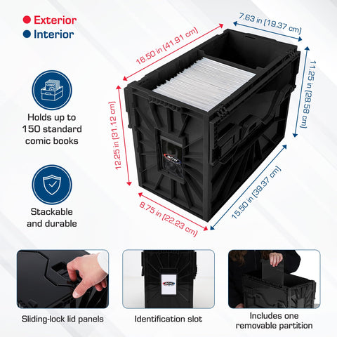 BCW Short Comic Bin in black durable acid-free plastic on shelves
