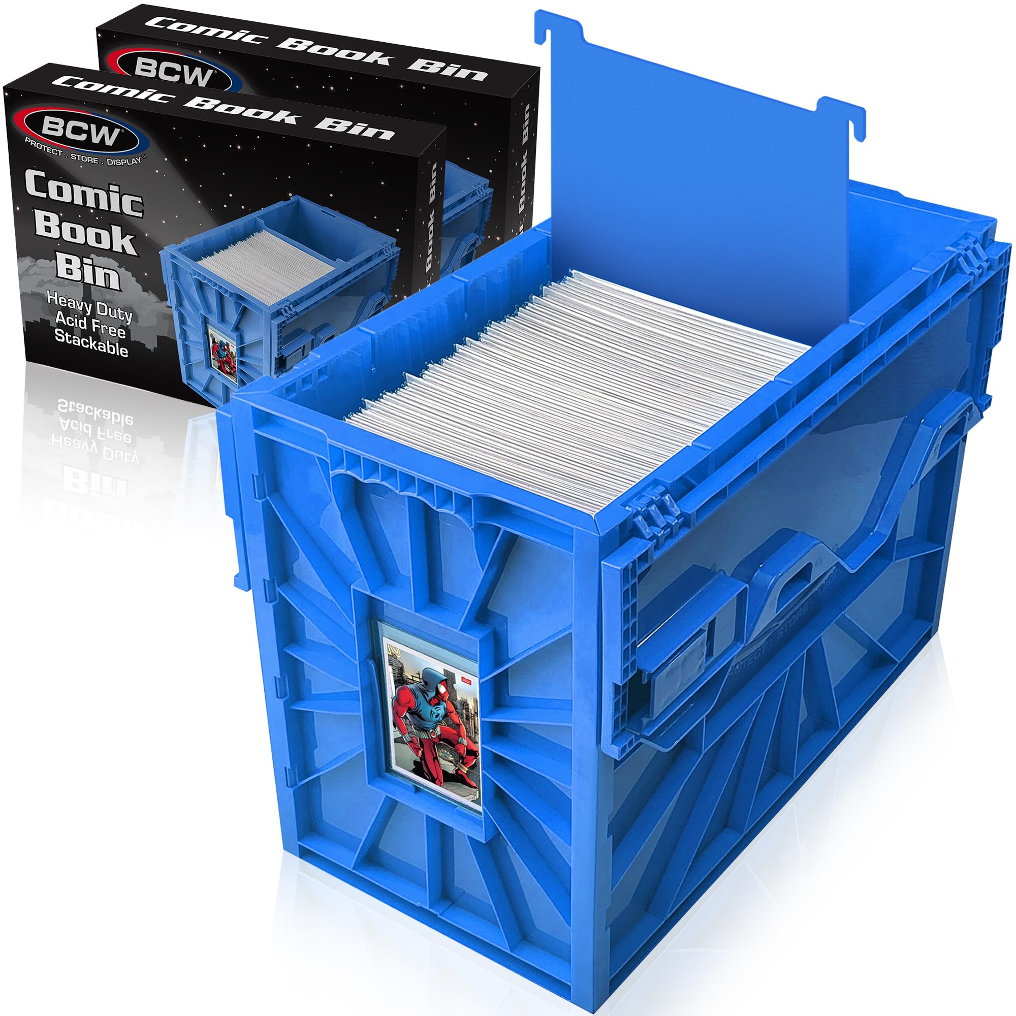 BCW Short Comic Bin blue two-pack for storing up to 150 comics with clear visibility.