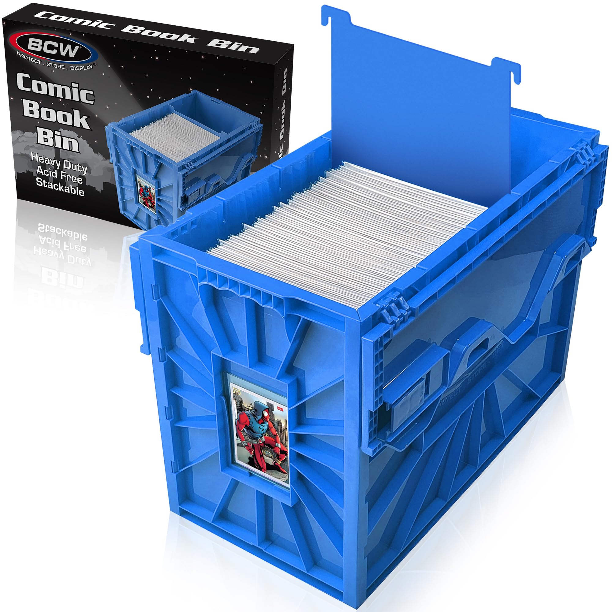 BCW short comic bin showing capacity to hold 150 comics for organized storage