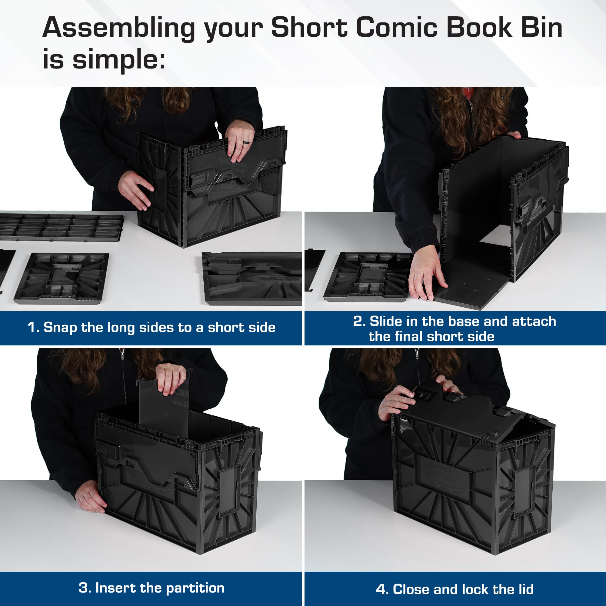 BCW Short Comic Bin interlocking panels and sliding locks for secure storage