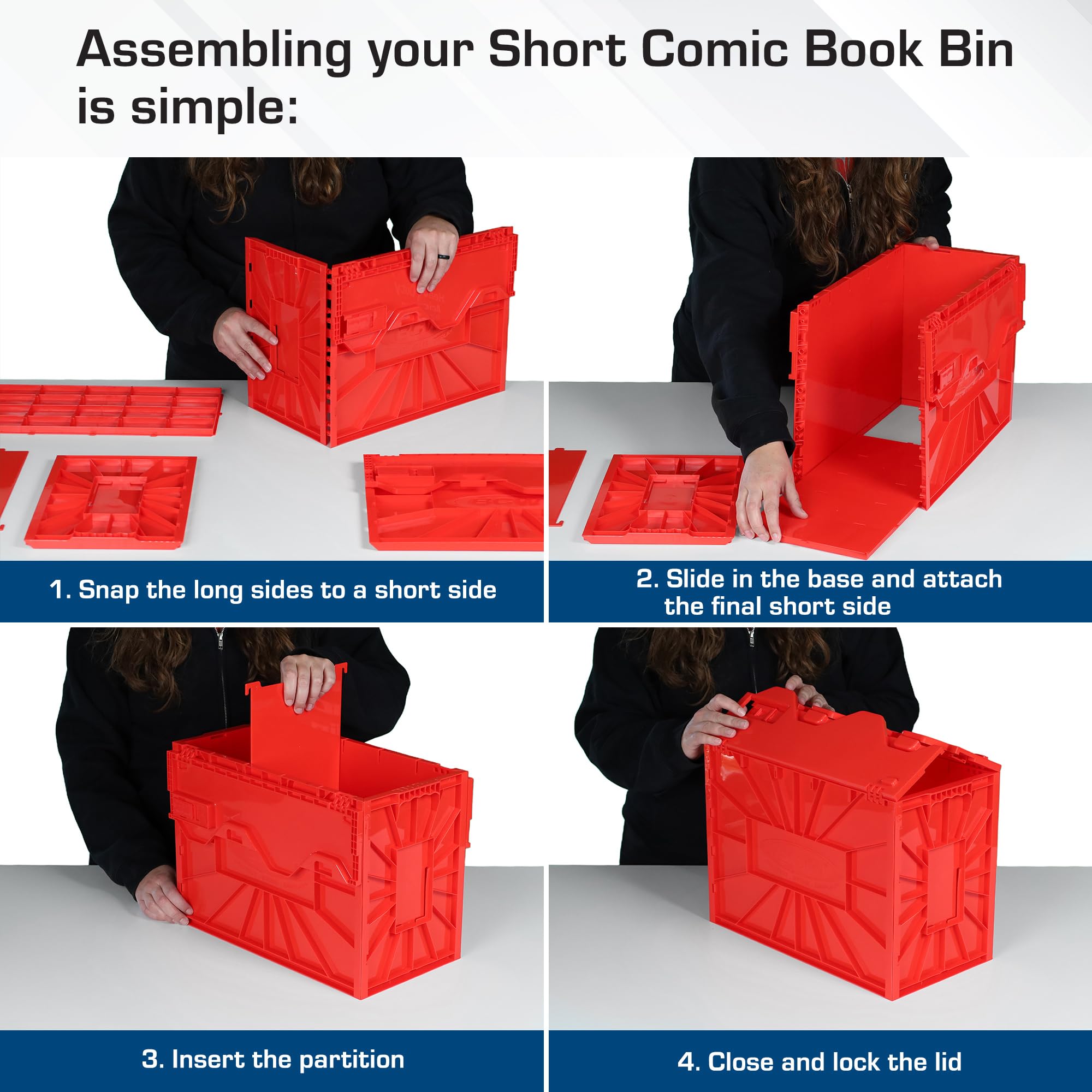BCW short comic bin interlocking panels ensure sturdy stacking and secure storage.