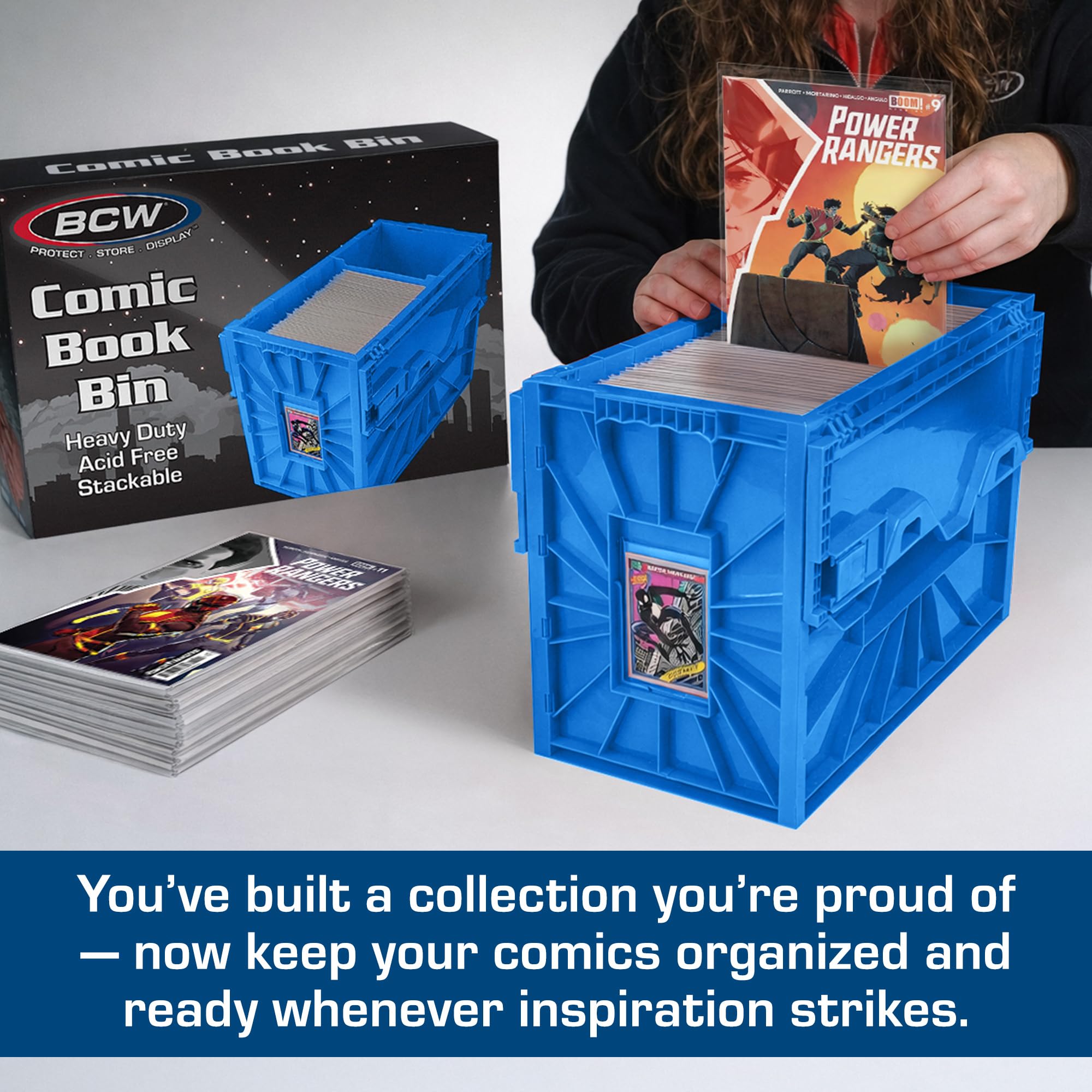 BCW stackable comic bin being assembled to save shelf space