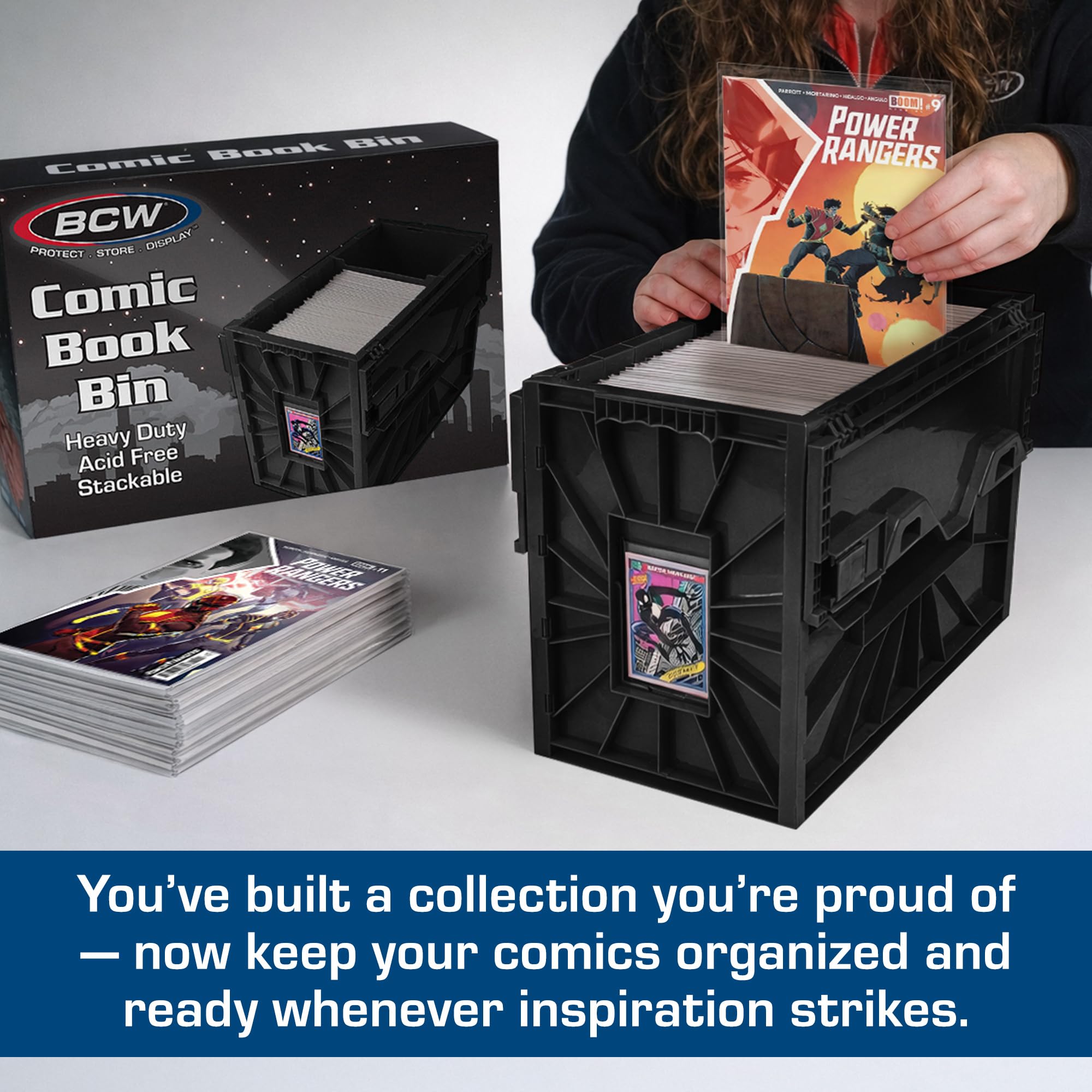 BCW Short Comic Bin stacked two high for space-saving vertical storage