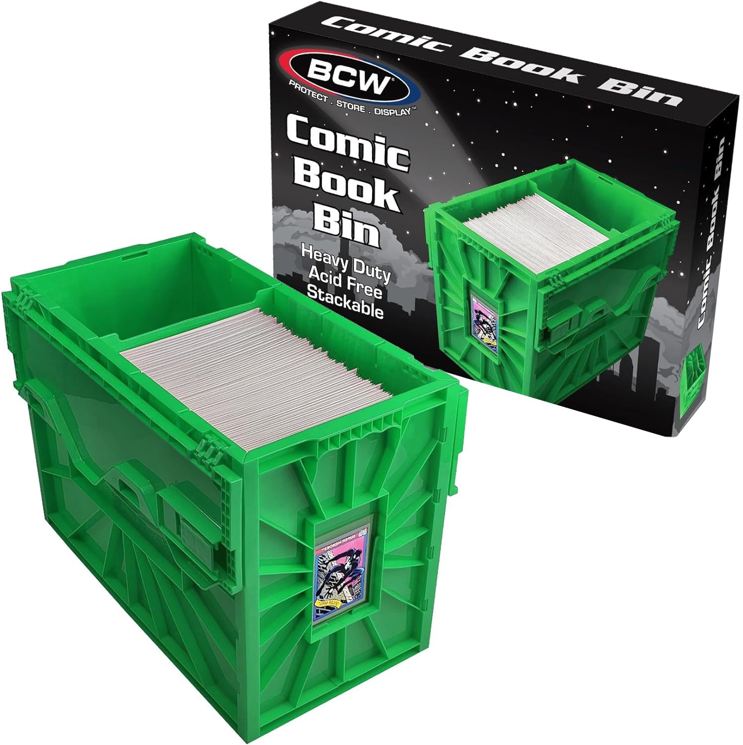 BCW Short Comic Book Bin showing 150-comic capacity in a sturdy green storage box