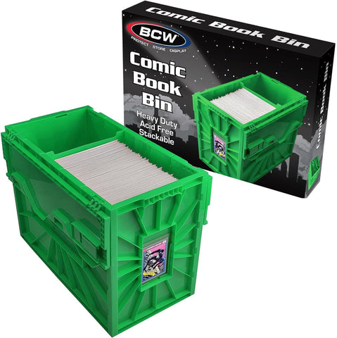BCW Short Comic Book Bin showing 150-comic capacity in a sturdy green storage box