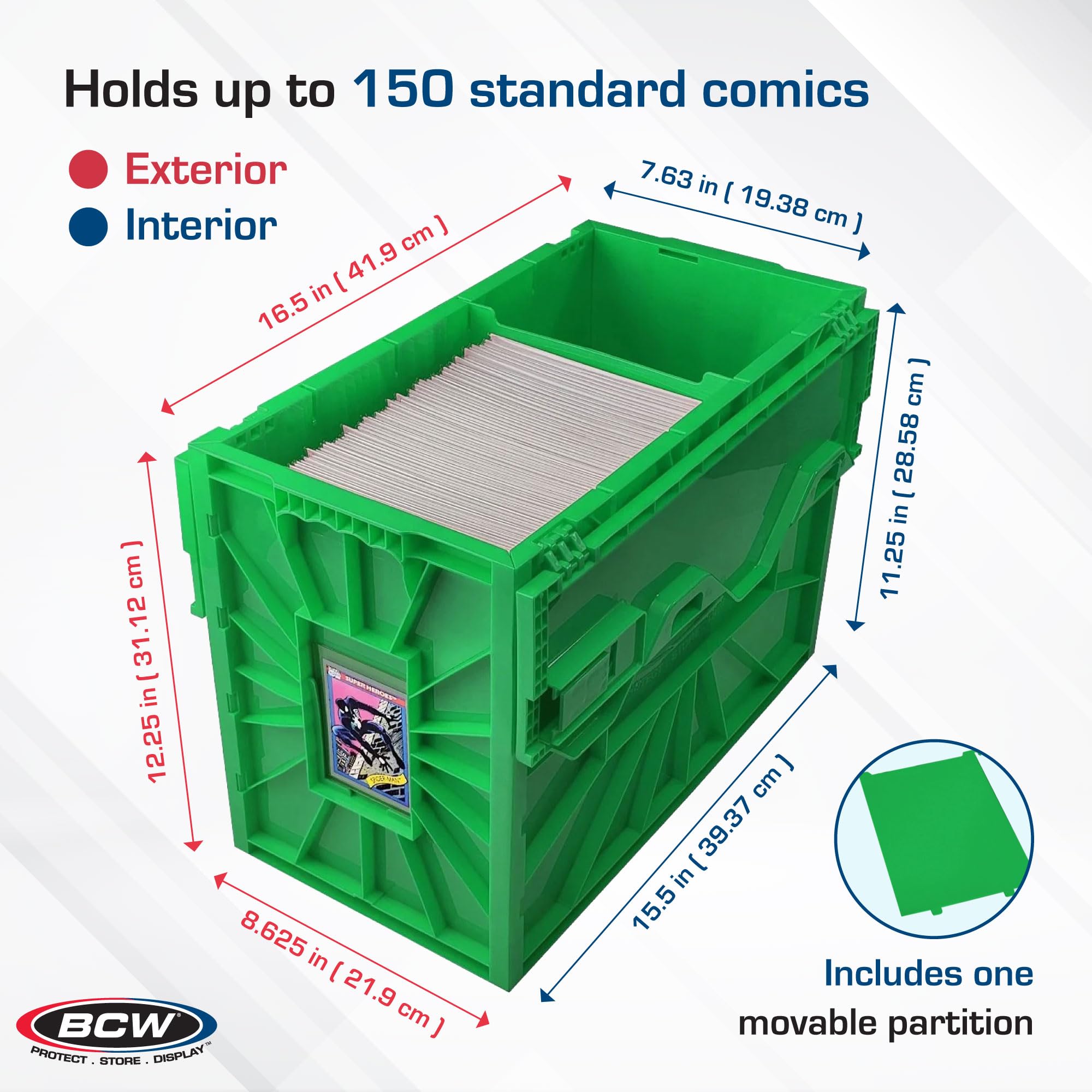Acid-free plastic BCW bin provides safe storage for comics