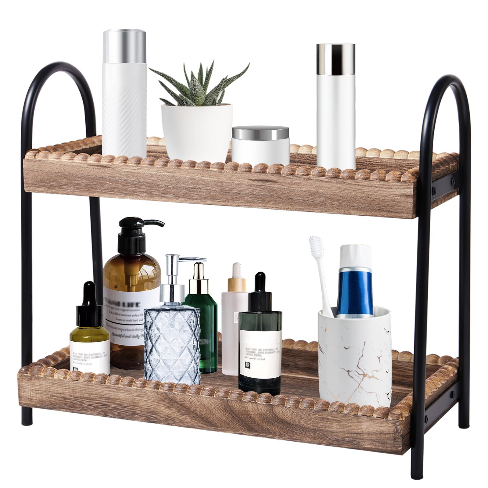 BDBDYEAY bathroom organizer top view with two-tier wood bead design for clutter control.