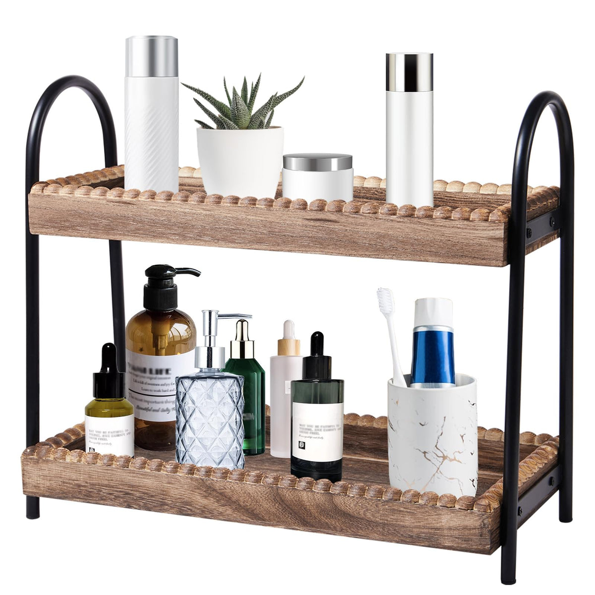 BDBDYEAY bathroom organizer top view with two-tier wood bead design for clutter control.