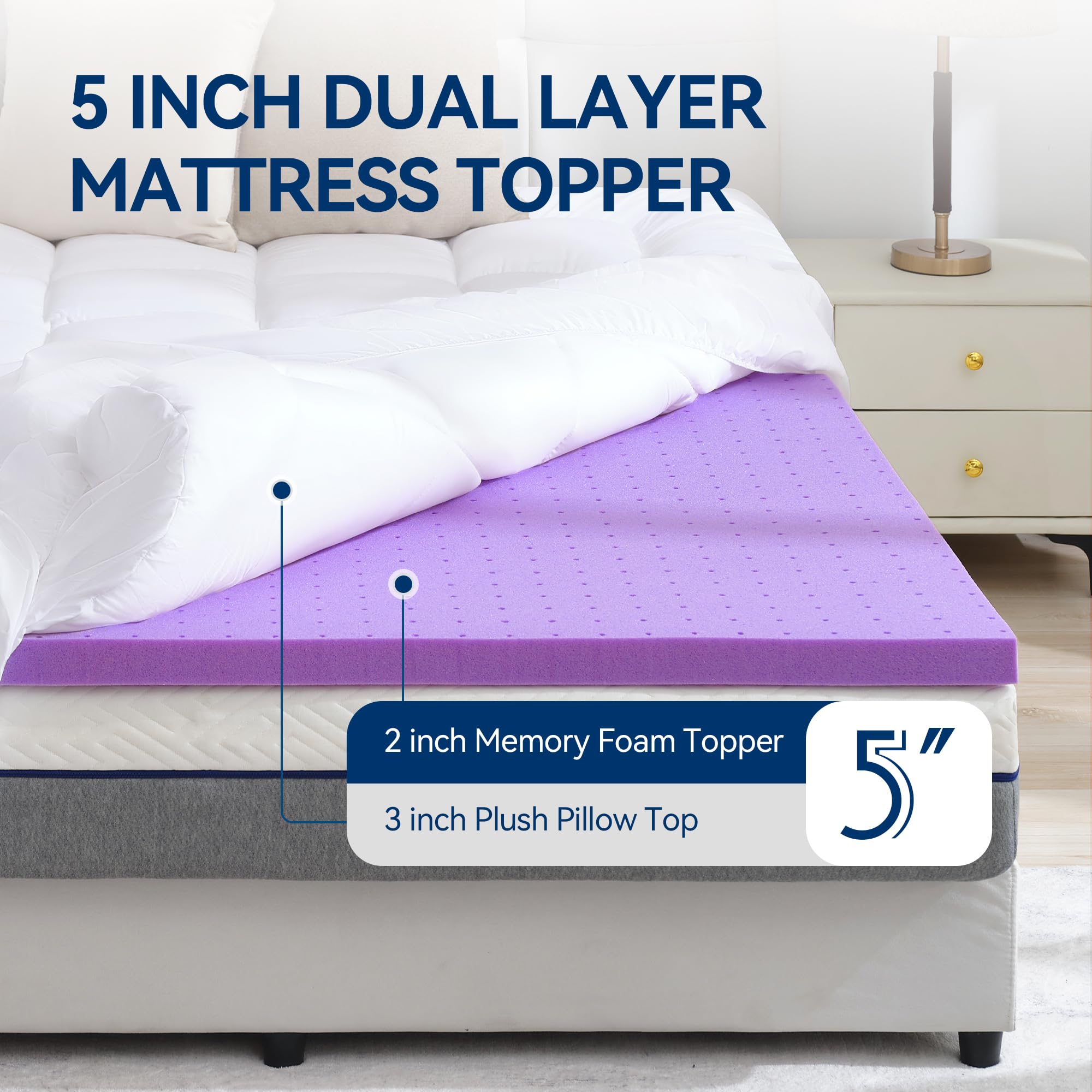 BDEUS 3-inch microfiber pillow-top cover with down-alternative for plush loft.