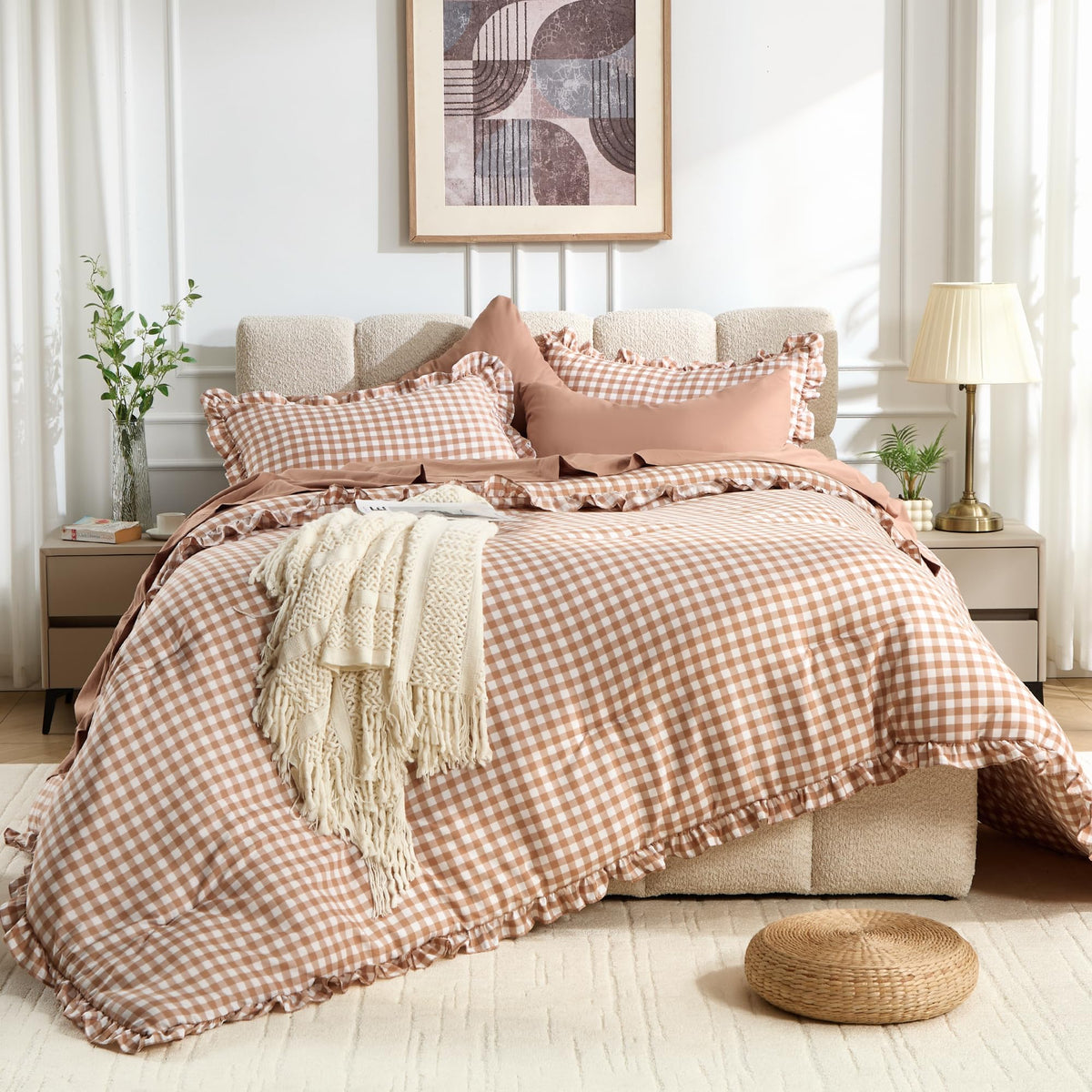 BDEUS 7-piece gingham comforter set shows cohesive style and quick bed makeovers.