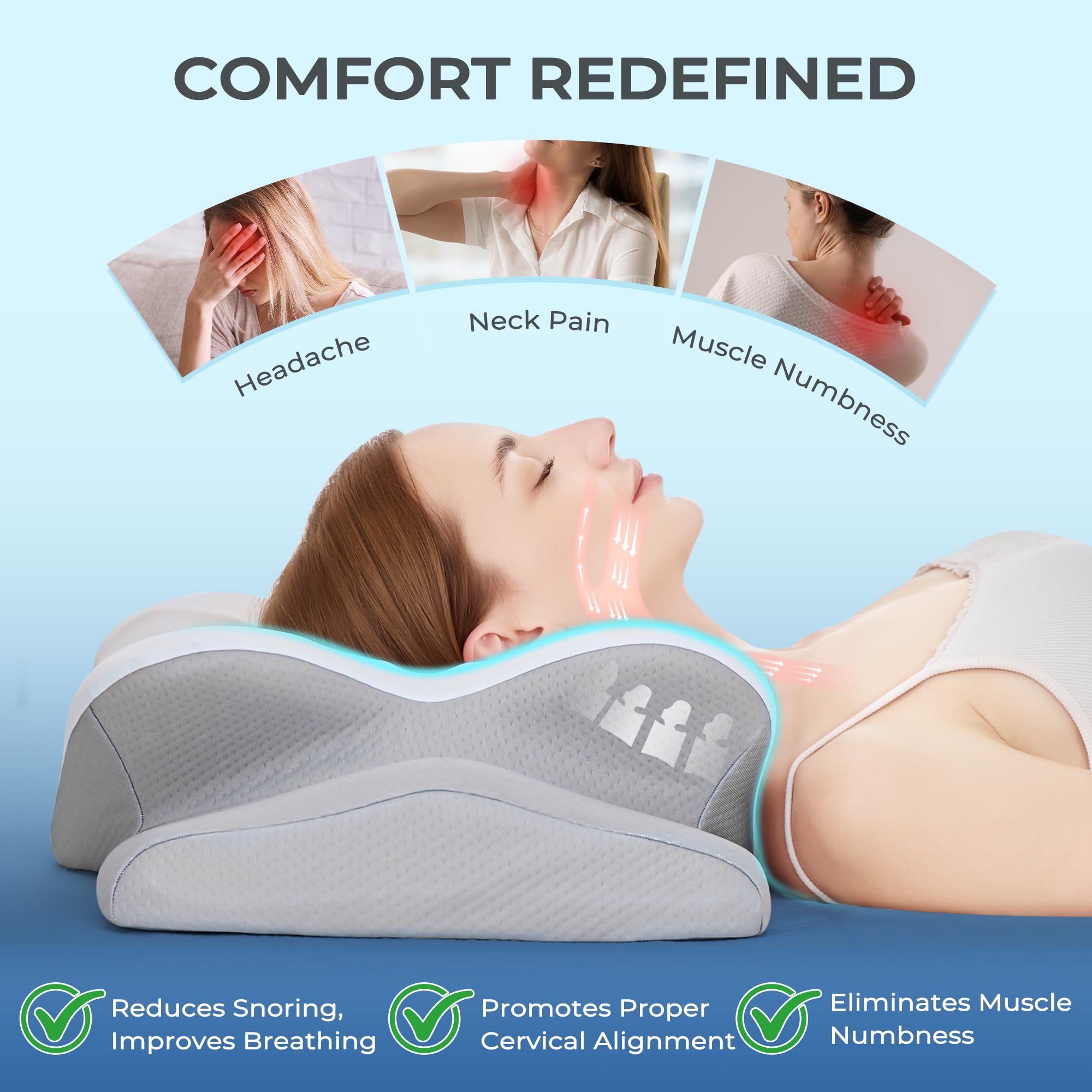 BDEUS pillow shows arm grooves for natural arm relaxation during sleep.