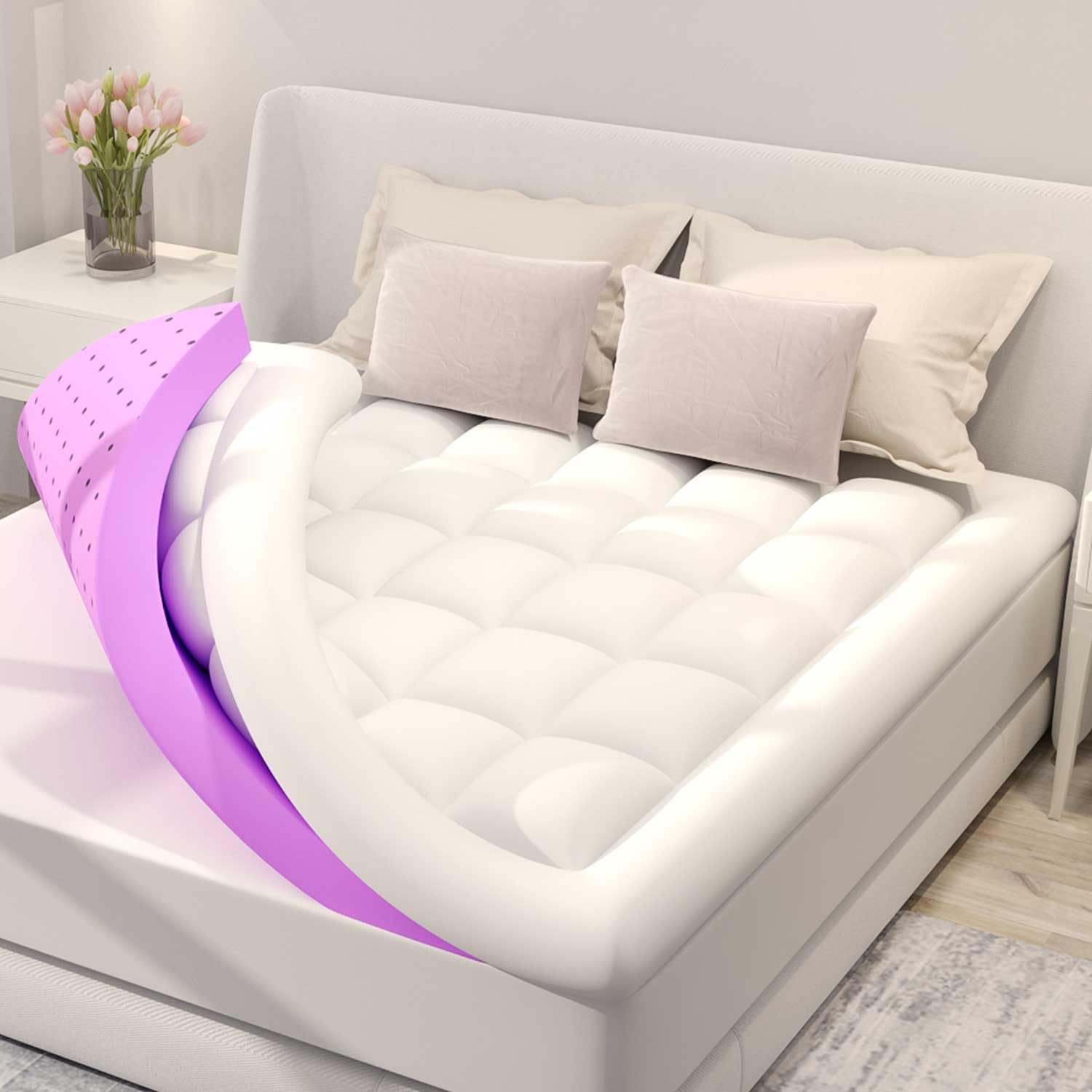 BDEUS dual-layer topper with 2-inch gel memory foam for cooling and support.