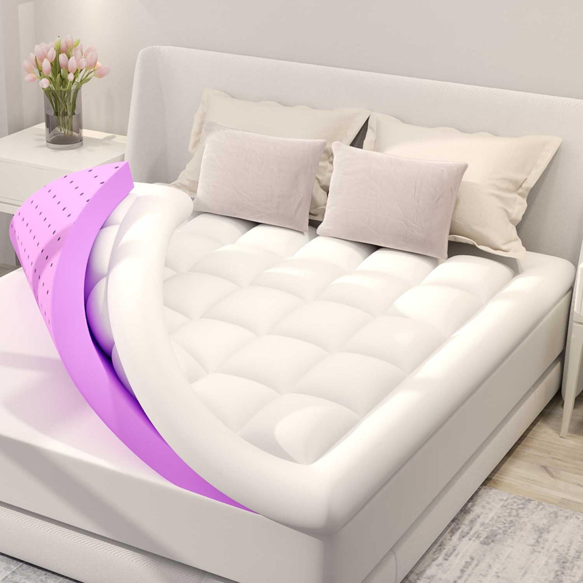 BDEUS dual-layer topper with 2-inch gel memory foam for cooling and support.