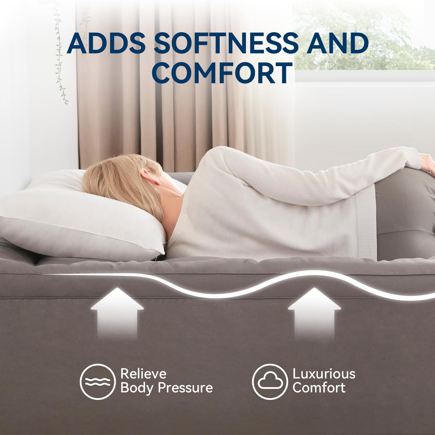 BDEUS soft microfiber cover enhances comfort while protecting the topper's shape