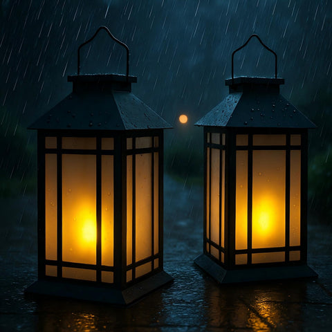 Bdor two-pack lanterns on a patio table creating warm ambience