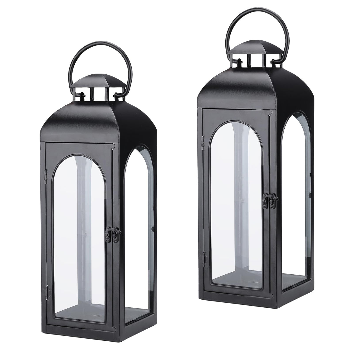 Bdor 2-Pack Luxury Black Metal Lanterns on a front porch create warm outdoor ambiance.