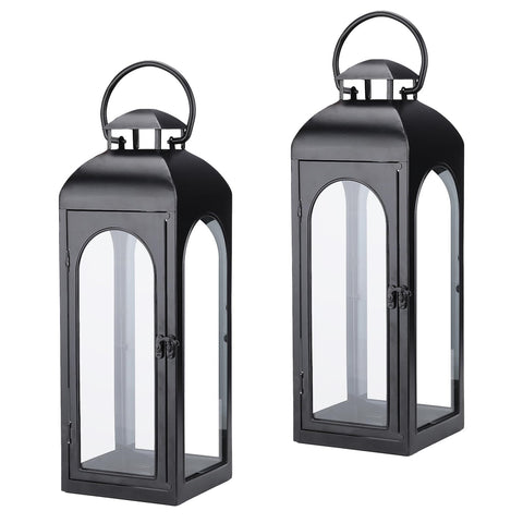 Bdor 2-Pack Luxury Black Metal Lanterns on a front porch create warm outdoor ambiance.