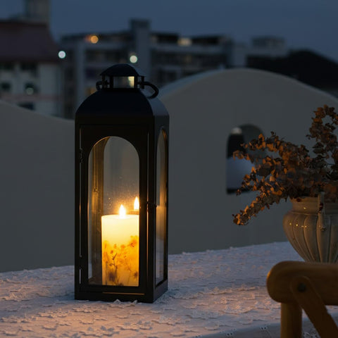 Bdor black metal lanterns enhance a mantle with a warm, sophisticated glow.