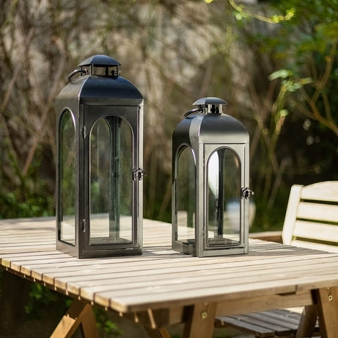 Bdor lanterns provide ambient patio lighting for outdoor entertaining.