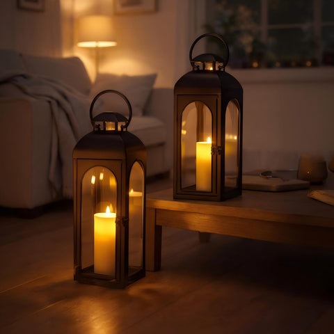 Bdor lanterns as a tabletop centerpiece with tempered glass panels for clear candlelight.