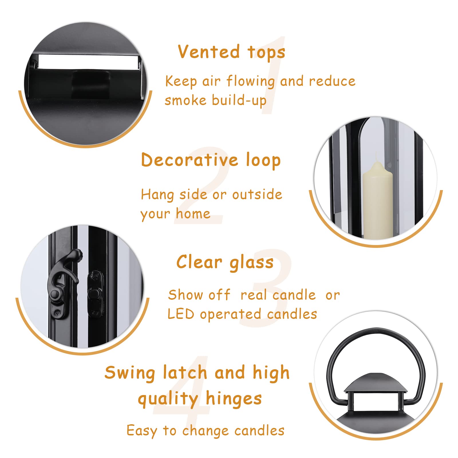 Bdor black metal lanterns hang securely to brighten a wall display.