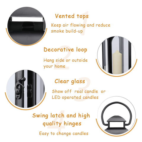 Bdor black metal lanterns hang securely to brighten a wall display.