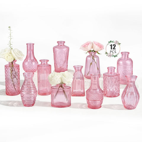 BEAHOT 12-pack pink bud vases with varied shapes for elegant centerpieces.