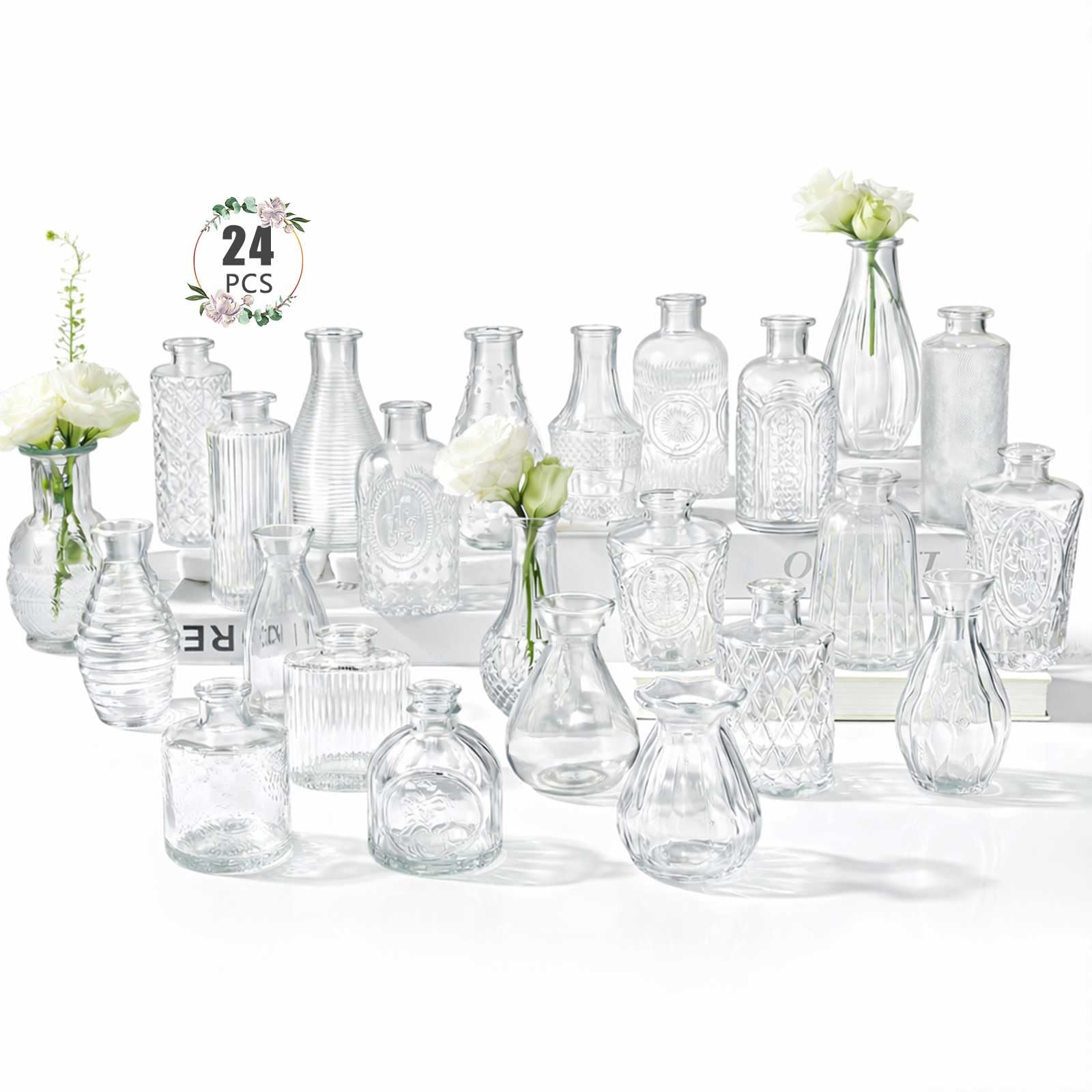 BEAHOT 24-pack bud vases with varied shapes for elegant centerpieces