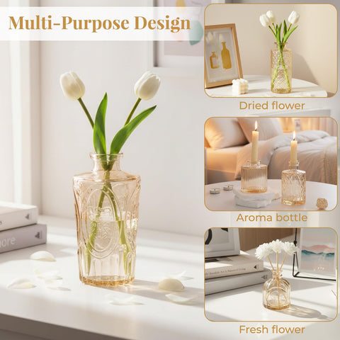 BEAHOT gold flower vase ornate-04: durable hand-blown glass bud vase for shelves.