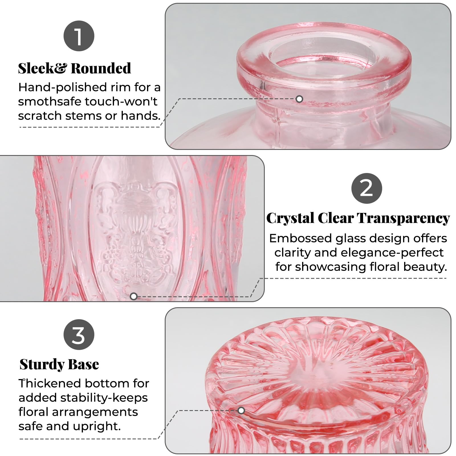 BEAHOT pink bud vases showcase light through thick glass.