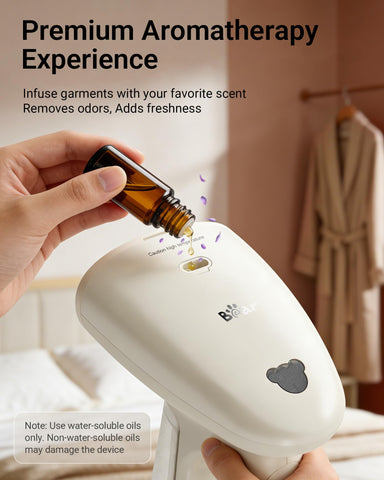 Bear Steamer used vertically and horizontally for versatile fabric care.
