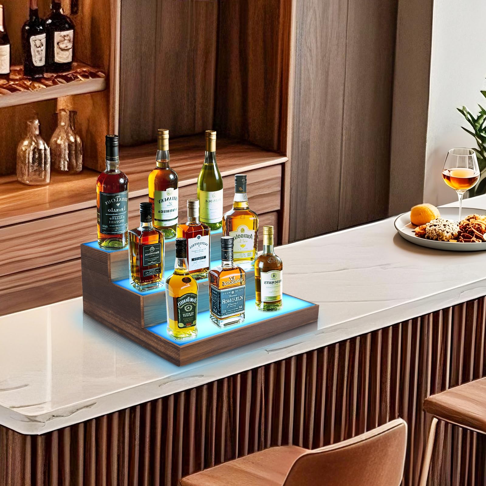 BEARUT acrylic illuminated shelf showcases spirits with space-saving design.