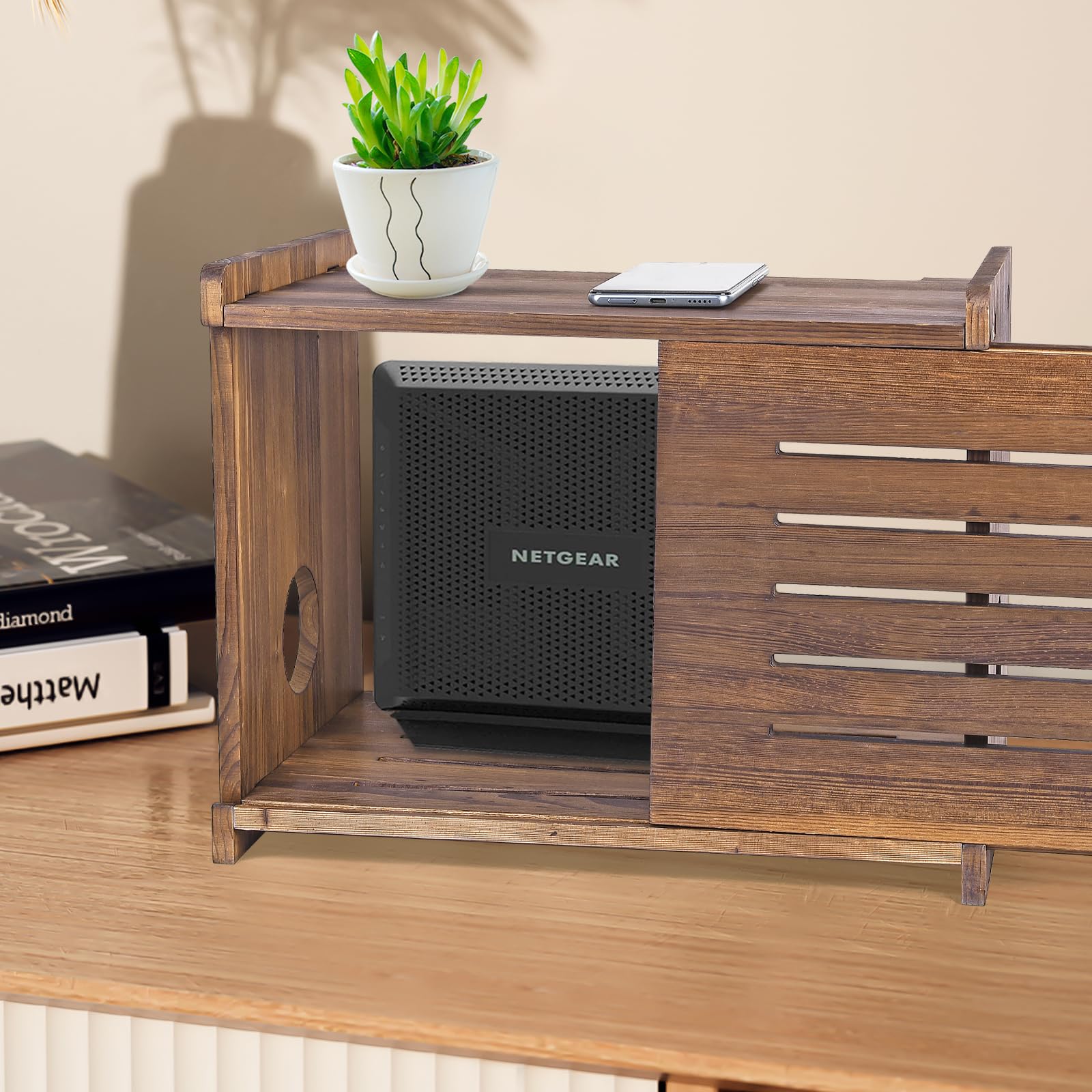 BEARUT router shelf natural wood finish adds warm, durable look