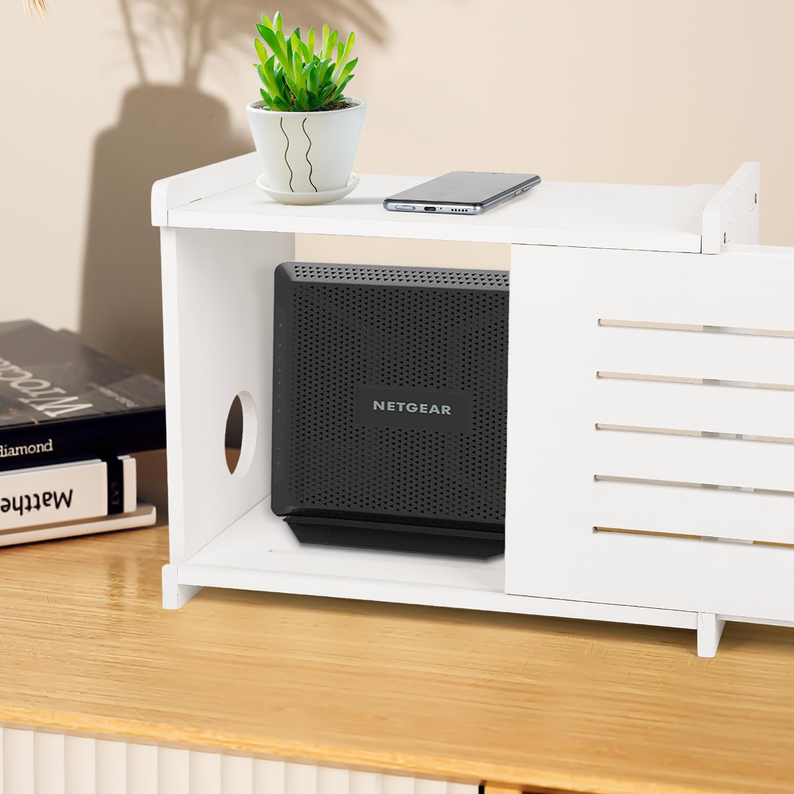 BEARUT router shelf with cable management emphasizes easy routing holes.