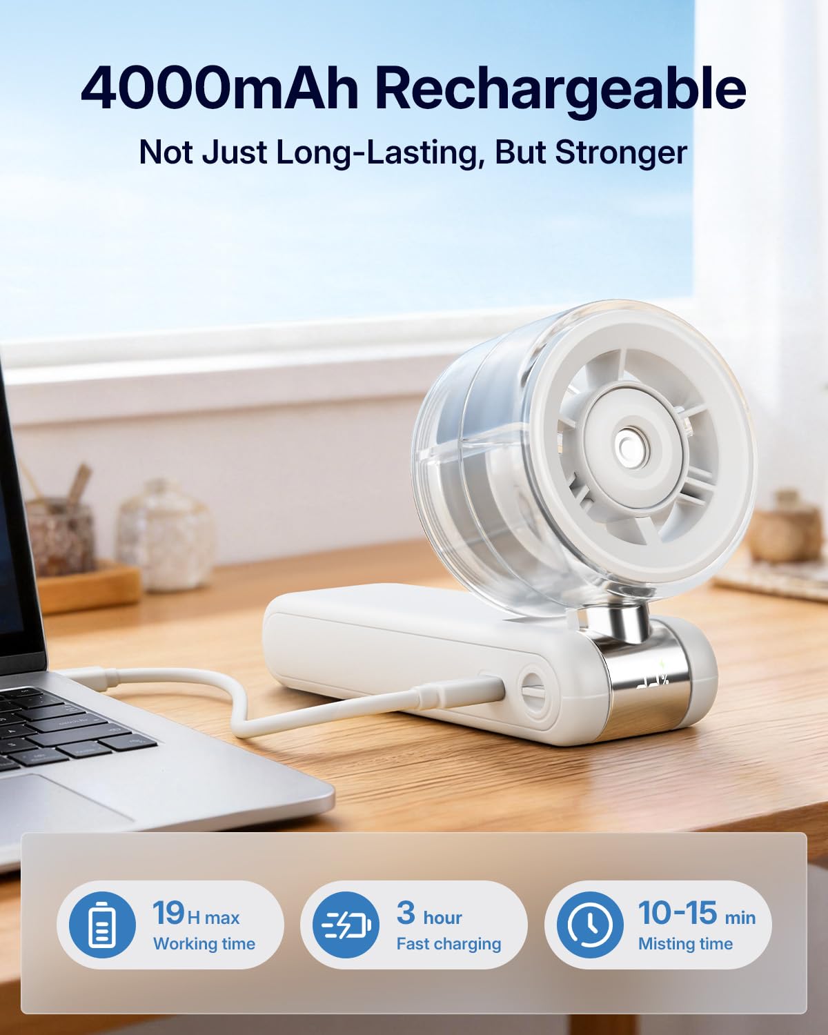 Bearwind 4000mAh rechargeable battery for long-lasting cooling sessions.